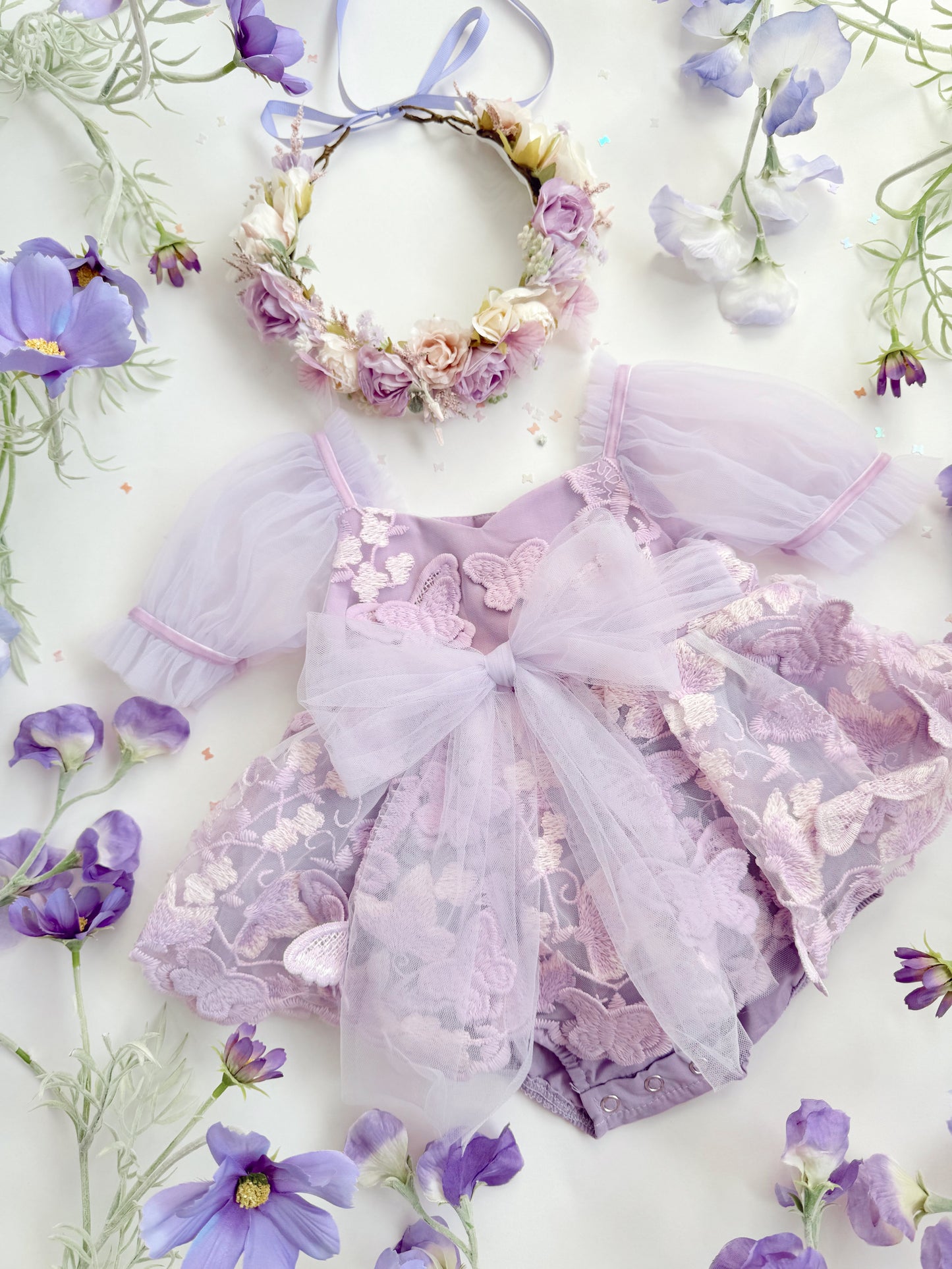 Butterfly Kisses Lilac Pink Rose Embroidered Baby Girl Tulle Party Romper