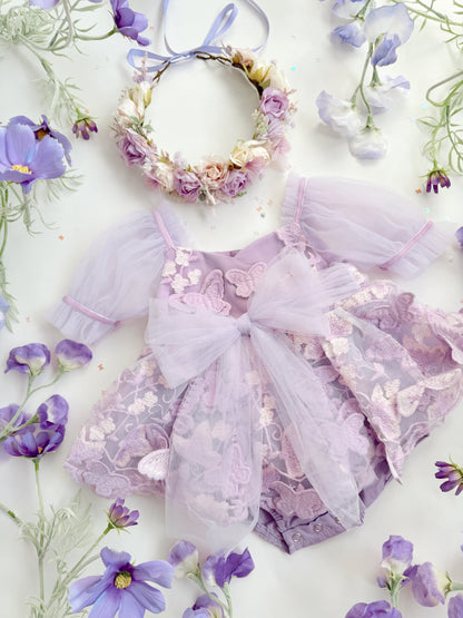 Butterfly Kisses Lilac Pink Rose Embroidered Baby Girl Tulle Party Romper