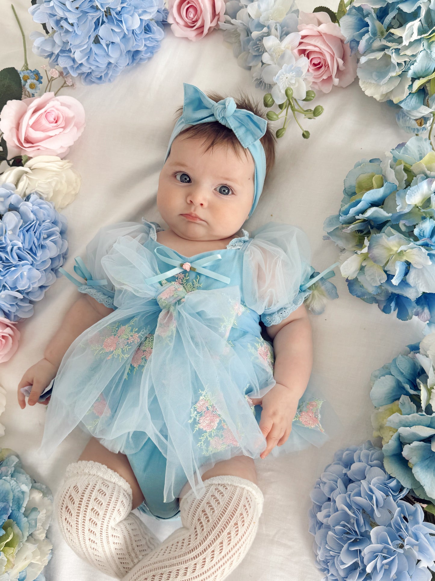 Afina Blue Embroidered Baby Girl Tulle Party Romper