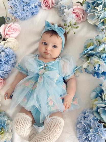 Afina Blue Embroidered Baby Girl Tulle Party Romper