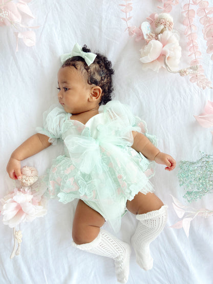 Butterfly Kisses Peppermint Pink Embroidered Baby Girl Tulle Party Romper