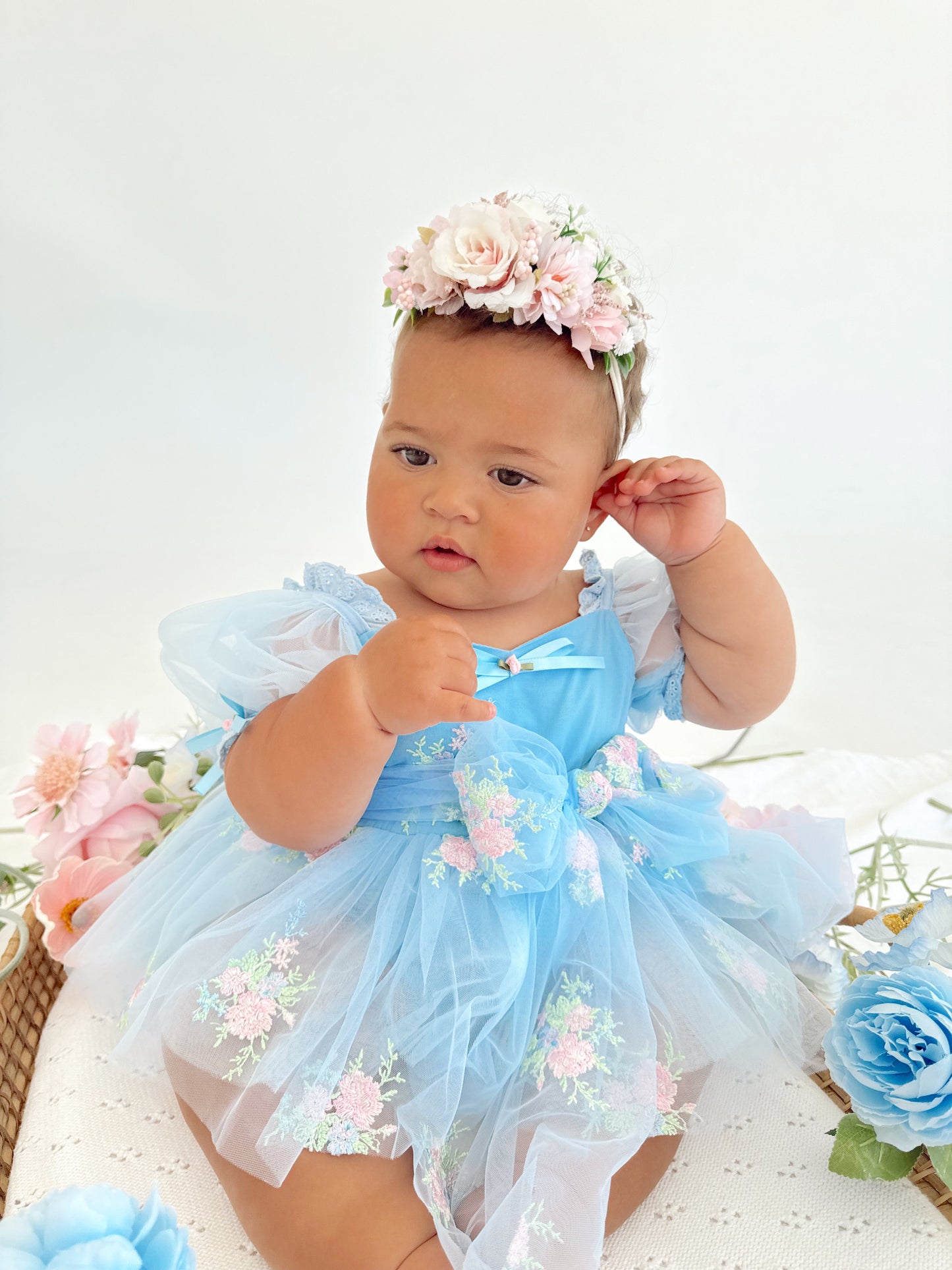 Afina Blue Embroidered Baby Girl Tulle Party Romper