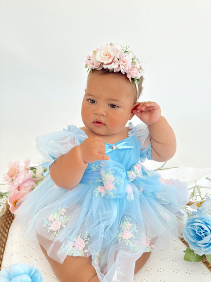 Afina Blue Embroidered Baby Girl Tulle Party Romper