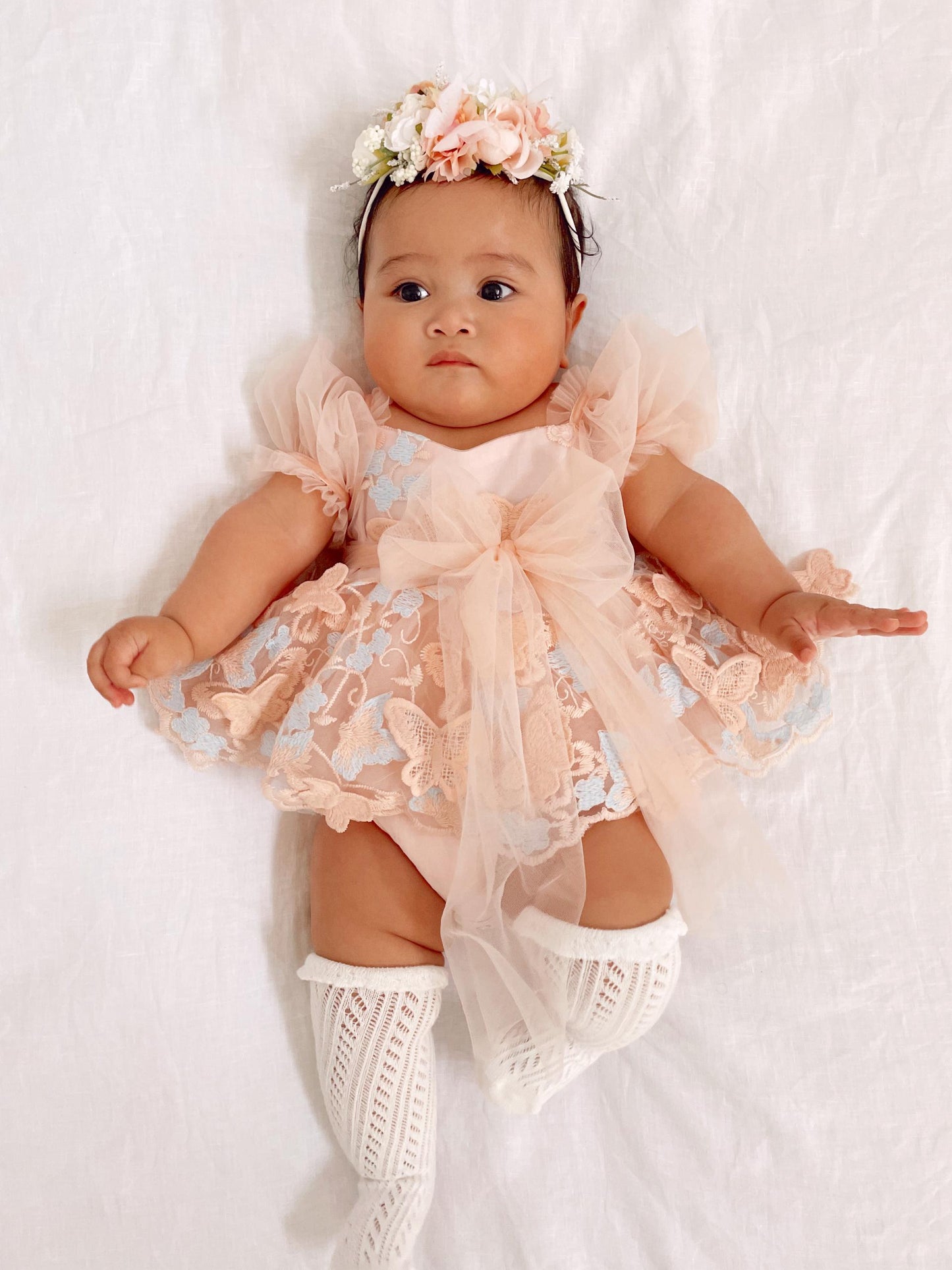 Butterfly Kisses Peach Rose Baby Girl Embroidered Tulle Party Romper