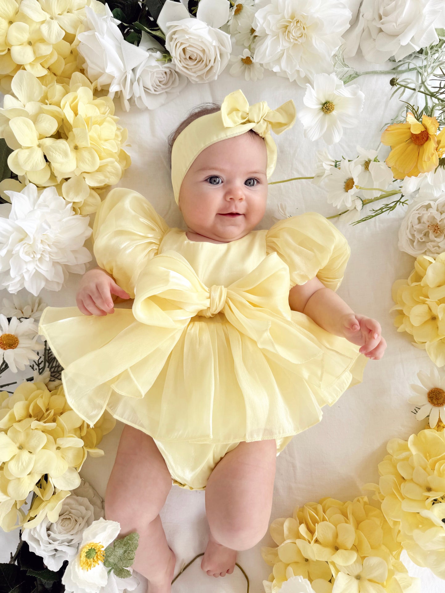 Scarlette Rose Canary Lemon Organza Baby Girl Party Romper
