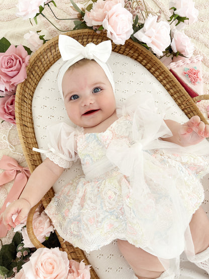 Josephine Lace Blossom Baby Girl Sequin White Tulle Party Romper