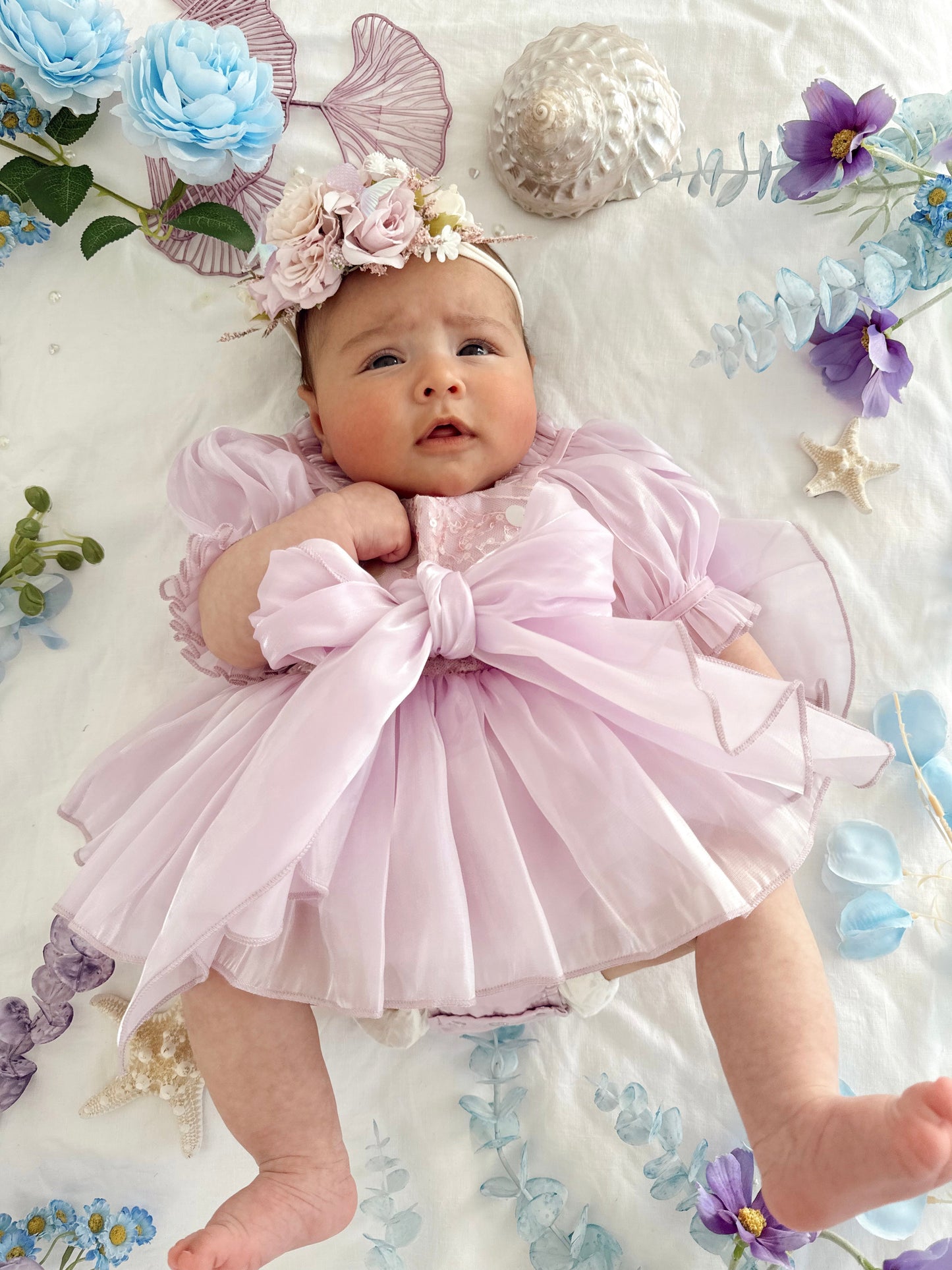 Ariel Purple Pearl Organza Sequin Baby Girl Party Romper