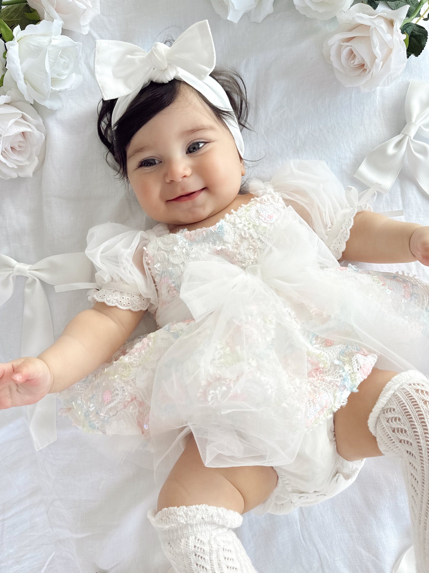 Josephine Lace Blossom Baby Girl Sequin White Tulle Party Romper