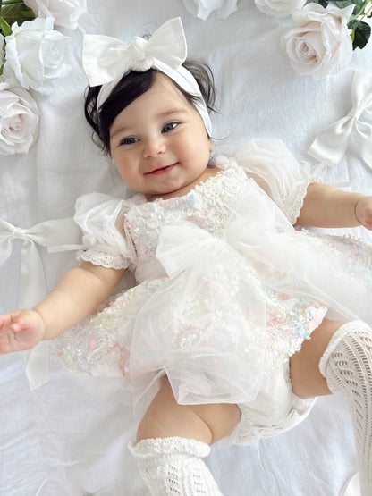 Josephine Lace Blossom Baby Girl Sequin White Tulle Party Romper