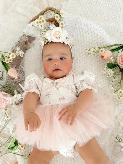 Odessa Flower Perfect Pink Floral Baby Girl Tulle Party Romper