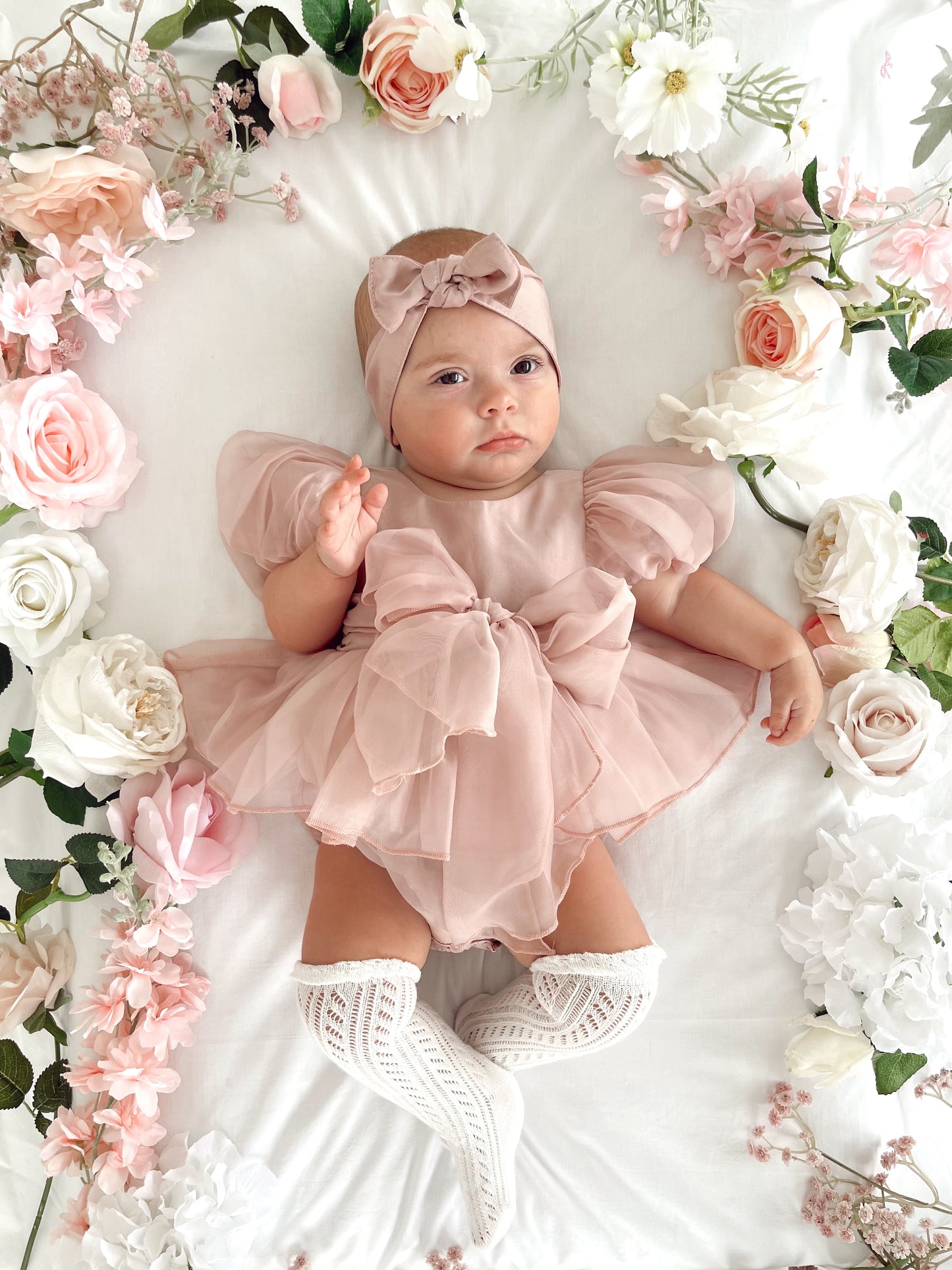 Clementine Matte Blush Rose Pink Organza Baby Girl Romper