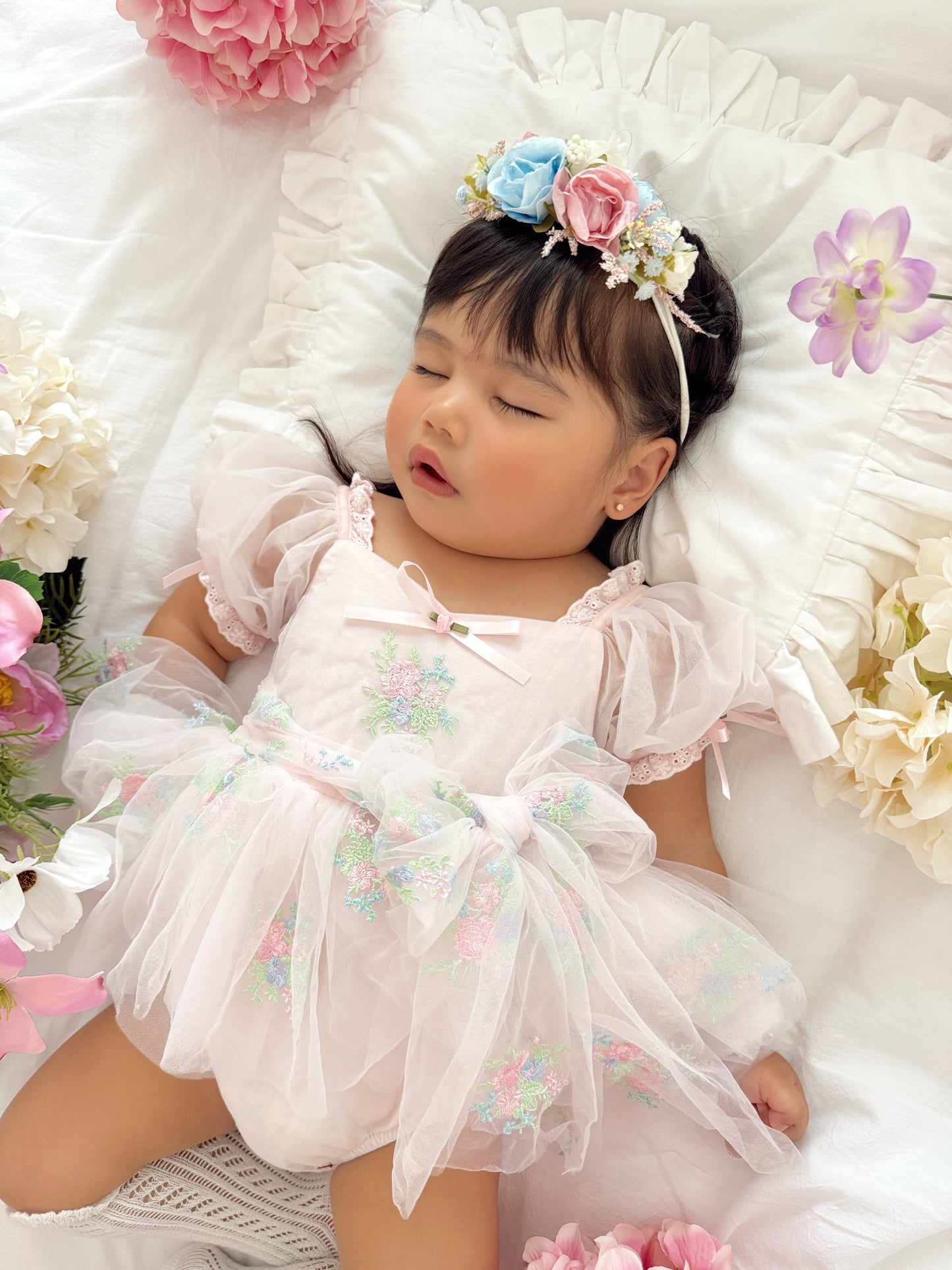 Peony Bloom Petal Pink Embroidered Baby Girl Tulle Party Romper