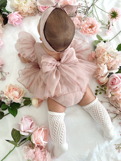 Clementine Matte Blush Rose Pink Organza Baby Girl Romper