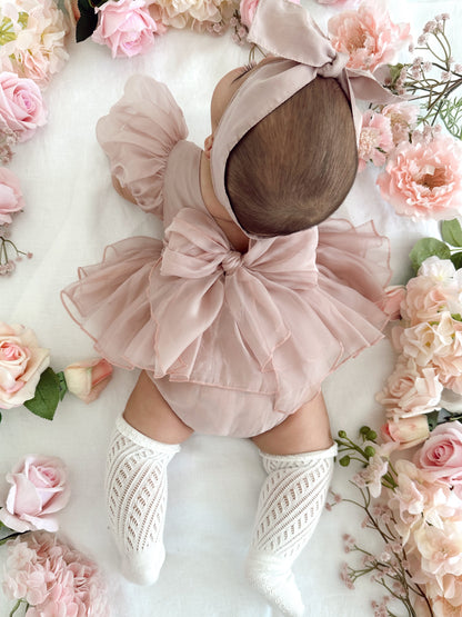 Clementine Matte Blush Rose Pink Organza Baby Girl Romper