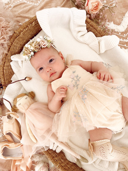 The Rose Champagne Embroidered Baby Girl Tulle Party Romper