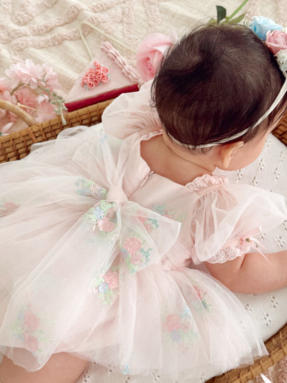 Peony Bloom Petal Pink Embroidered Baby Girl Tulle Party Romper