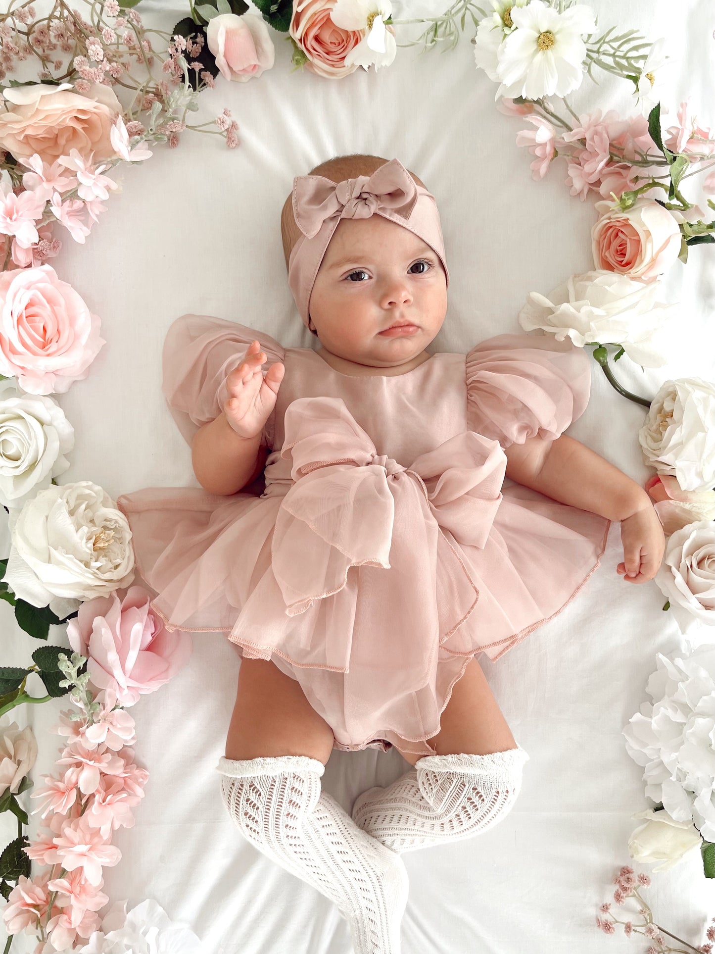 Clementine Matte Blush Rose Pink Organza Baby Girl Romper