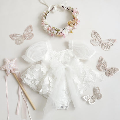 White Butterfly Kisses Baby Girls Embroidered Tulle Romper
