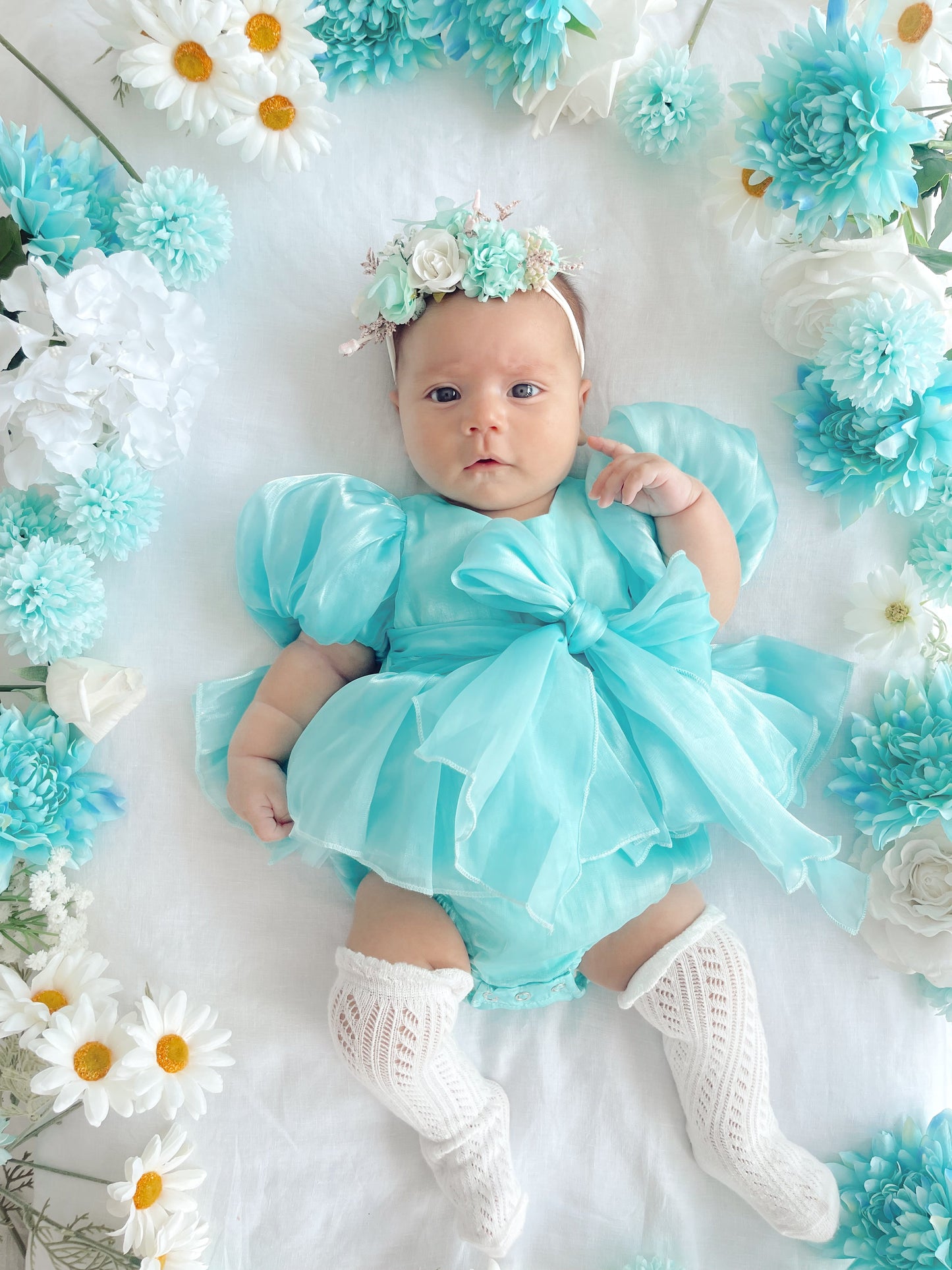 Dolly Turquoise Sky Organza Baby Girl Blue Party Romper