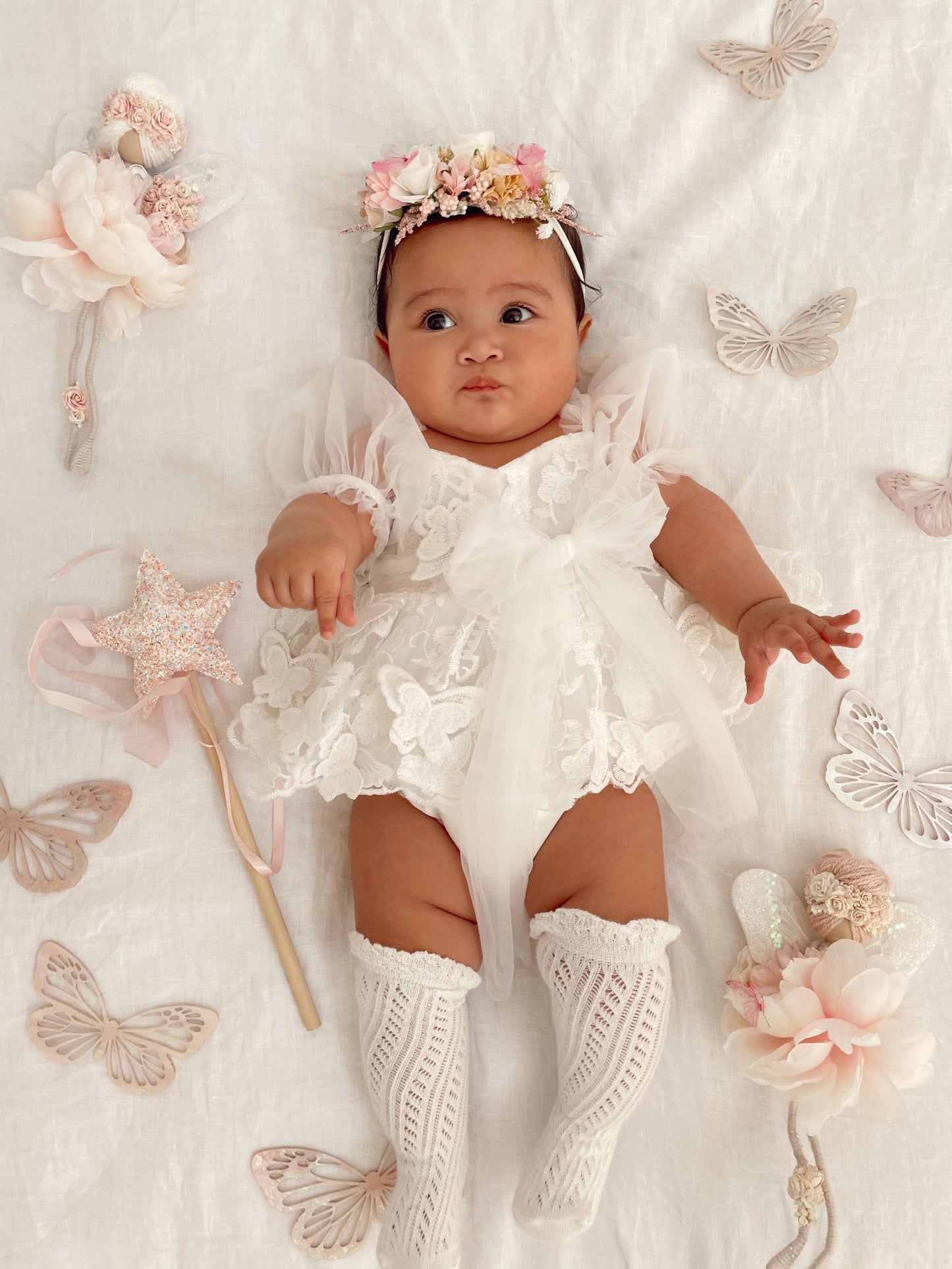White Butterfly Kisses Baby Girls Embroidered Tulle Romper