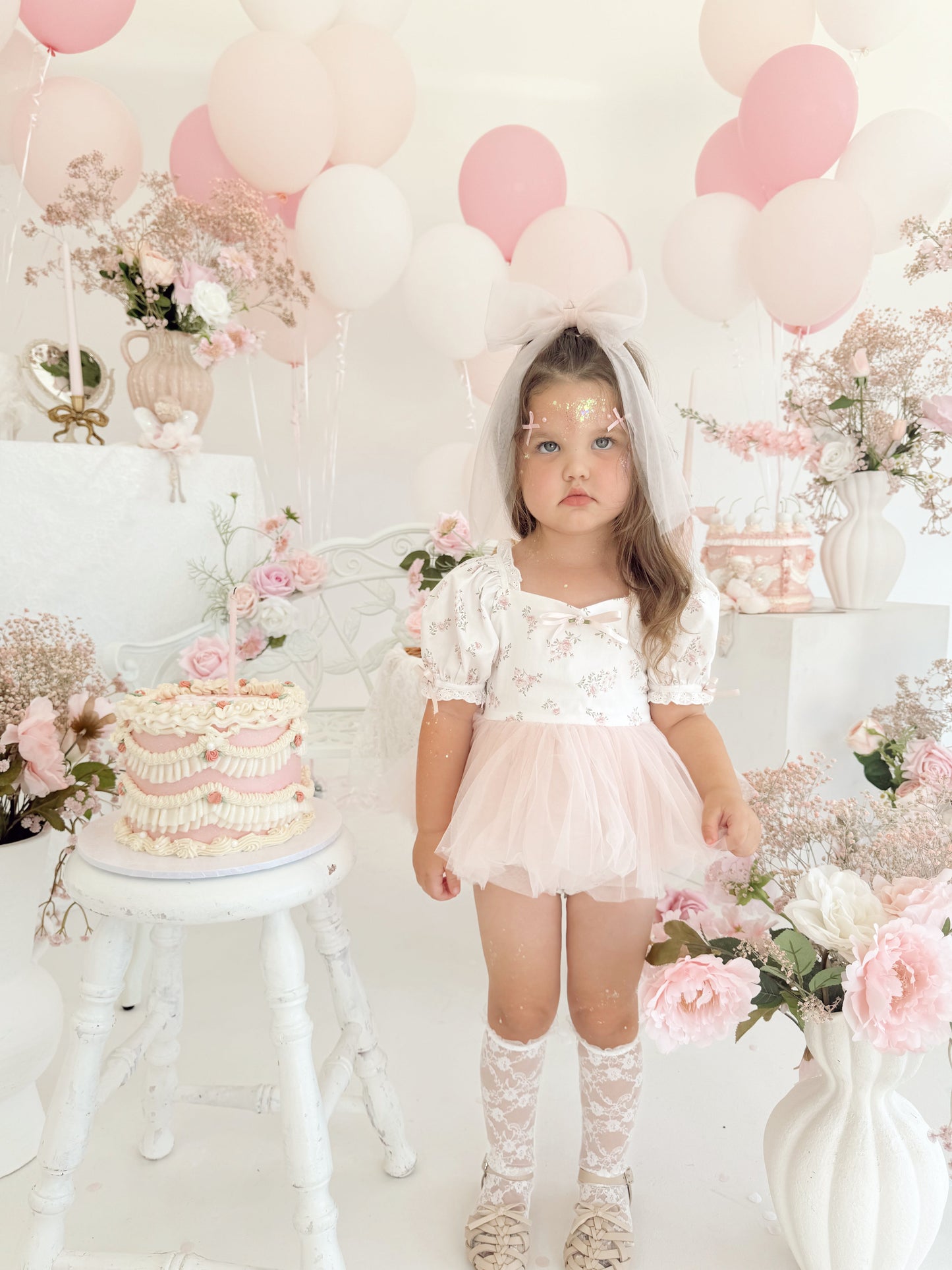 Odessa Flower Perfect Pink Floral Baby Girl Tulle Party Romper