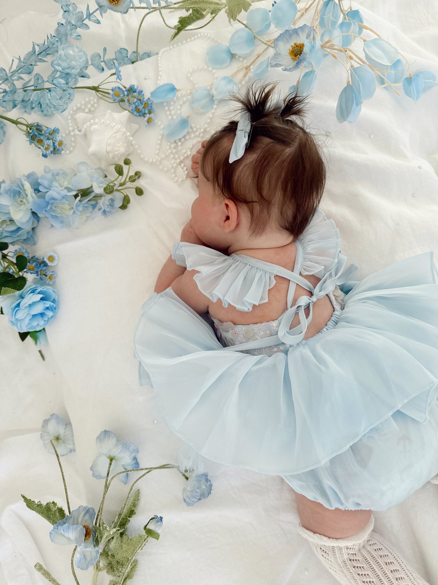 Ariel Ocean Blue Organza Sequin Baby Girl Party Romper