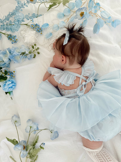 Ariel Ocean Blue Organza Sequin Baby Girl Party Romper