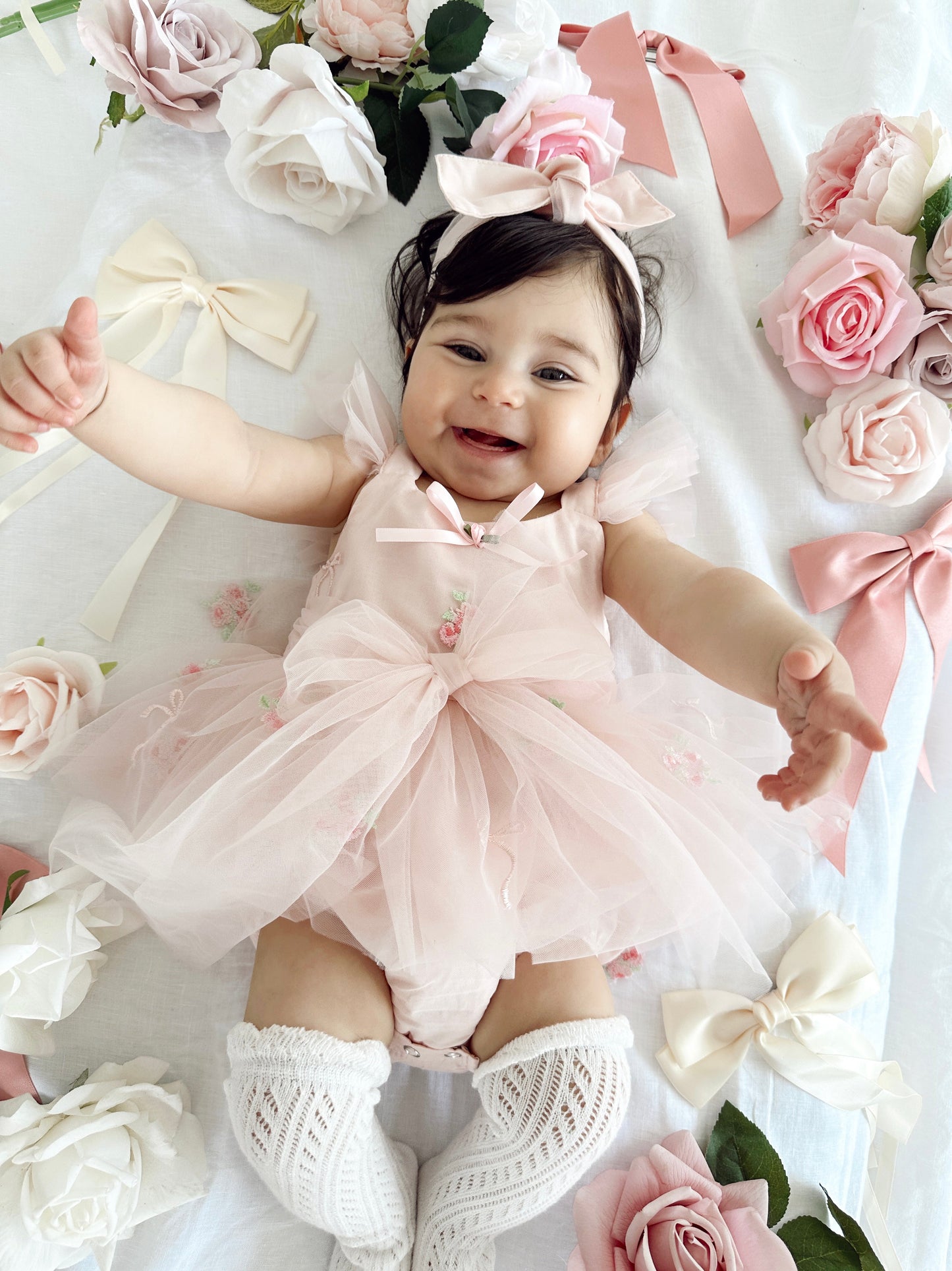 Belle Bow Perfect Pink Embroidered Baby Girl Tulle Party Romper