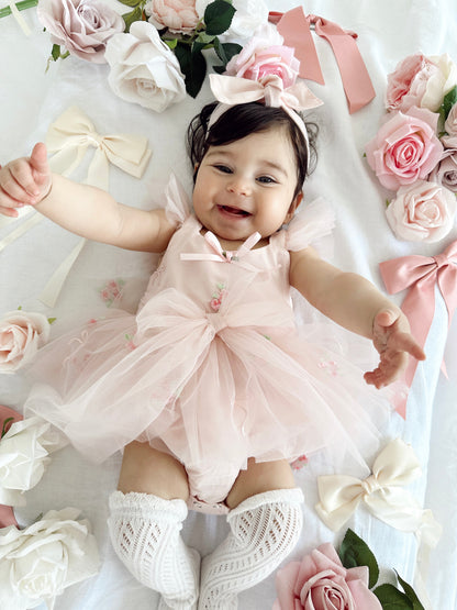 Belle Bow Perfect Pink Embroidered Baby Girl Tulle Party Romper
