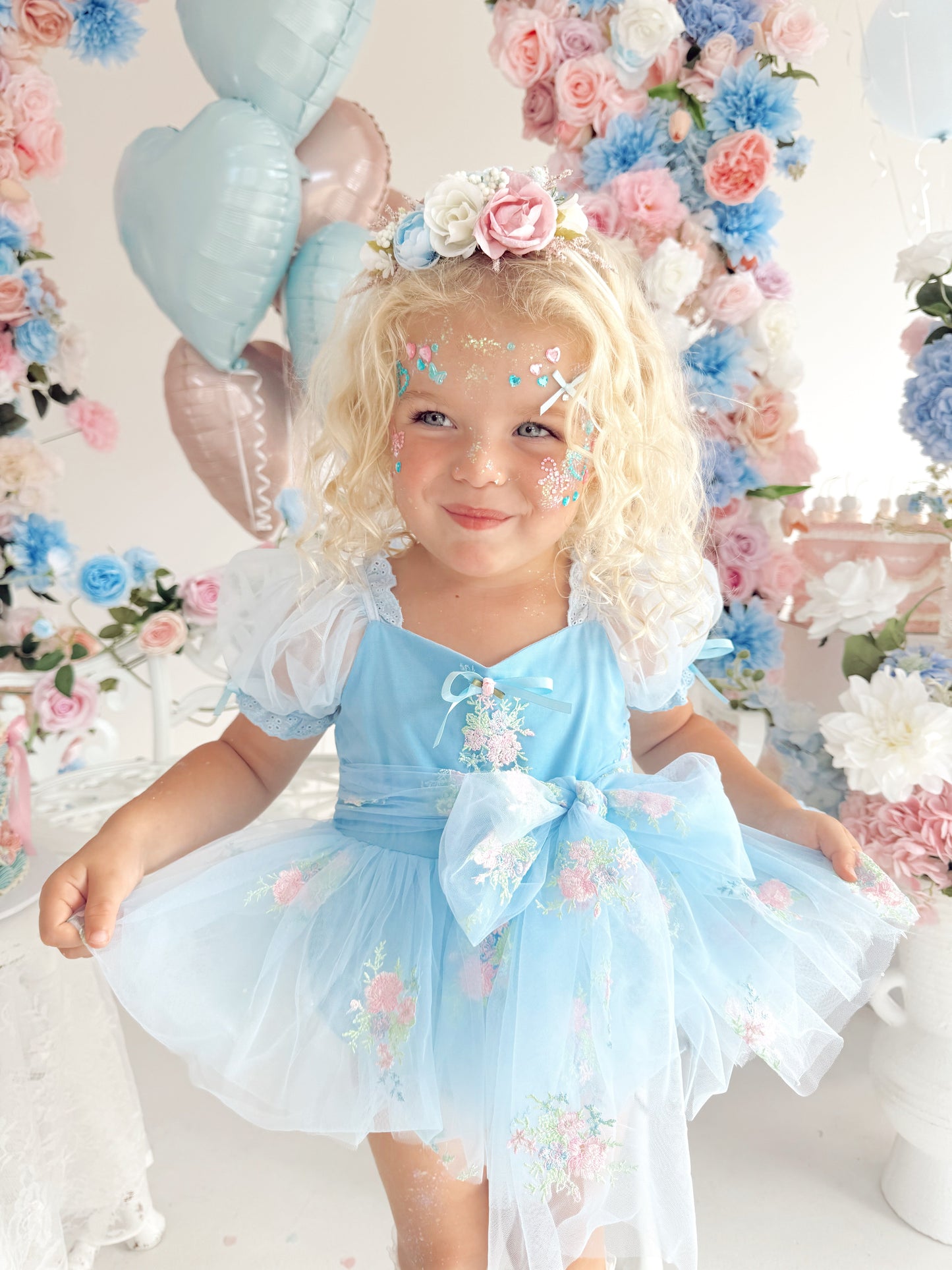 Afina Blue Embroidered Baby Girl Tulle Party Romper
