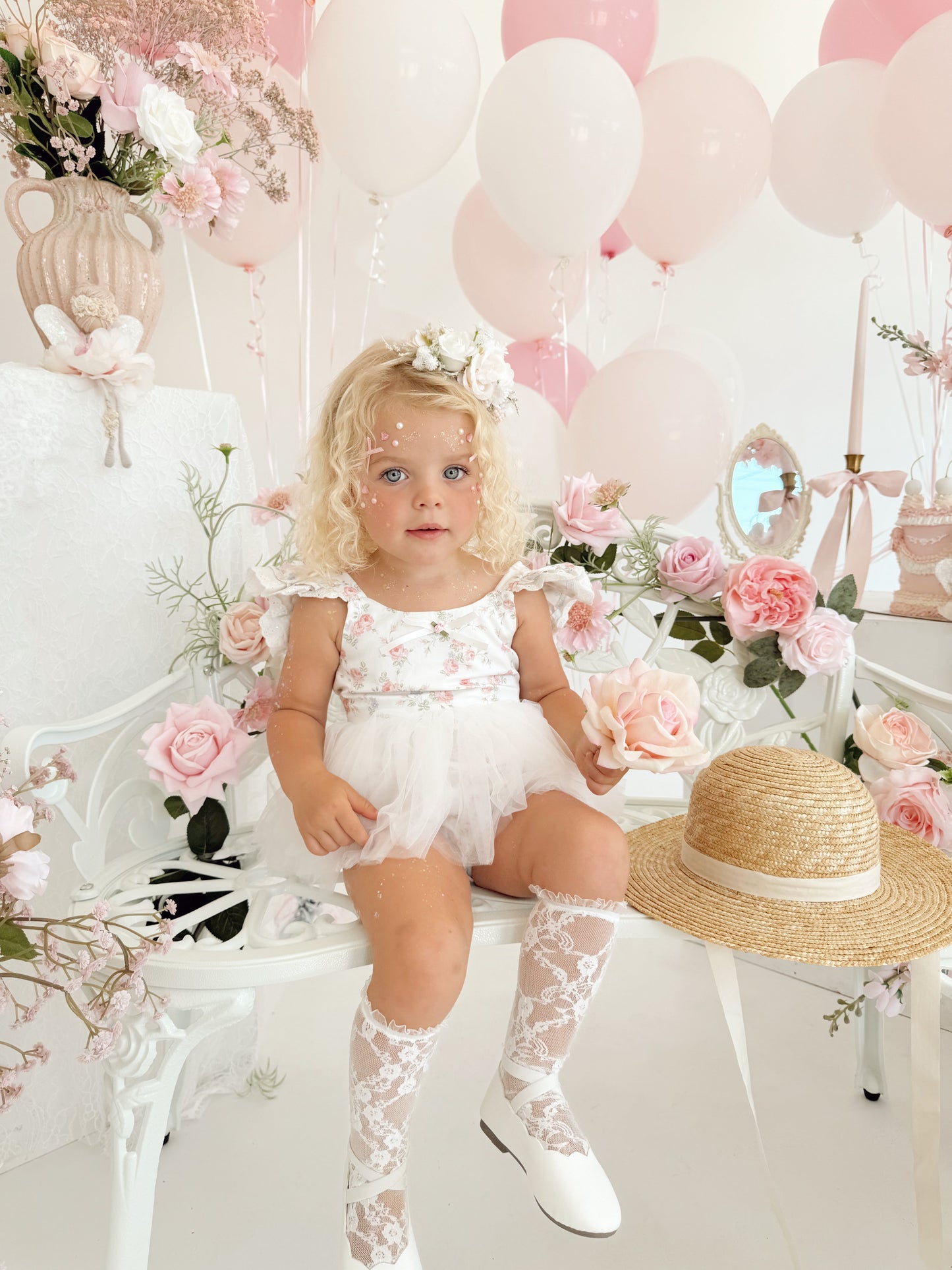 Cottage Fairy Baby Girl Floral White Tulle Party Romper
