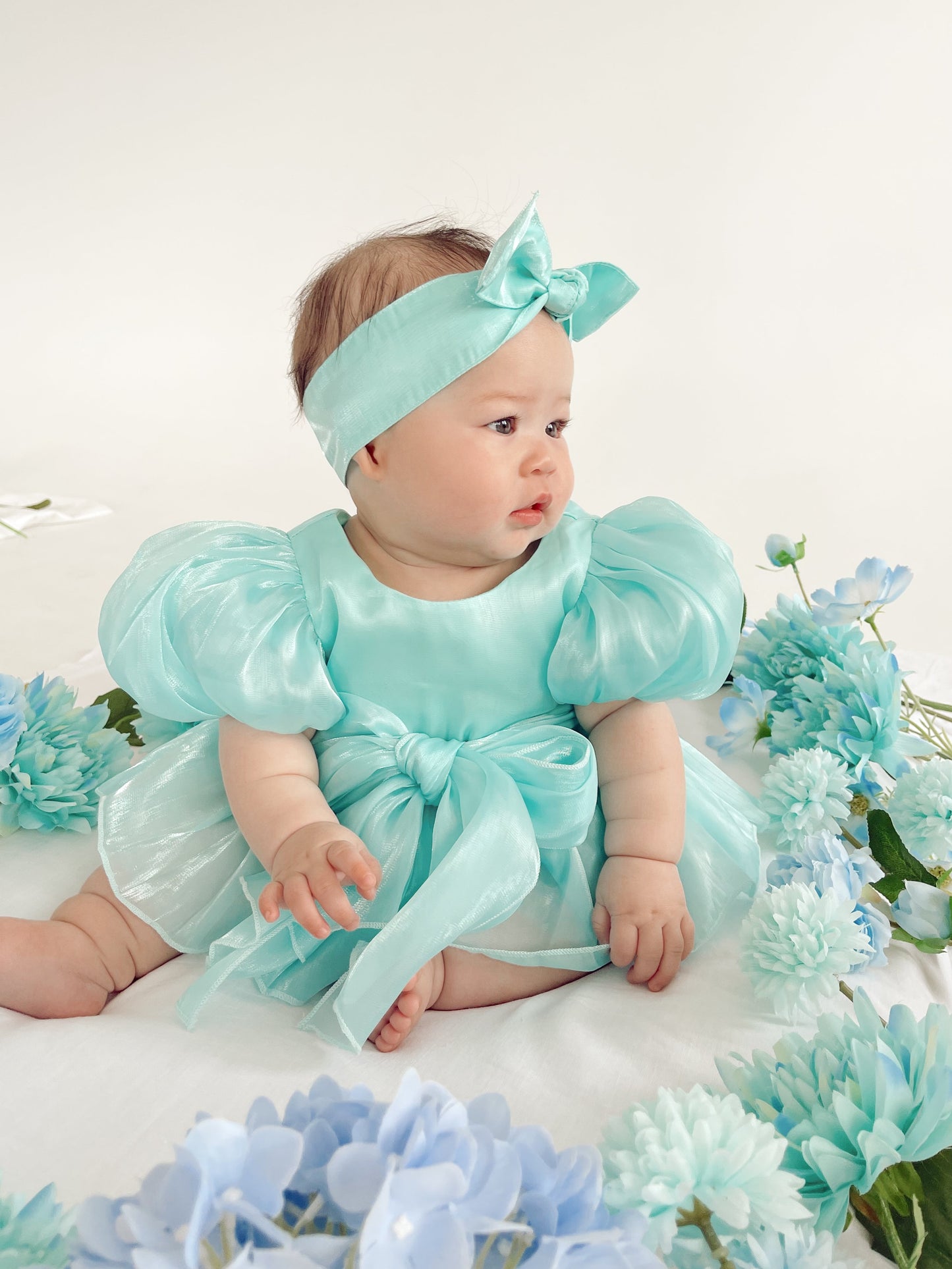 Dolly Turquoise Sky Organza Baby Girl Blue Party Romper