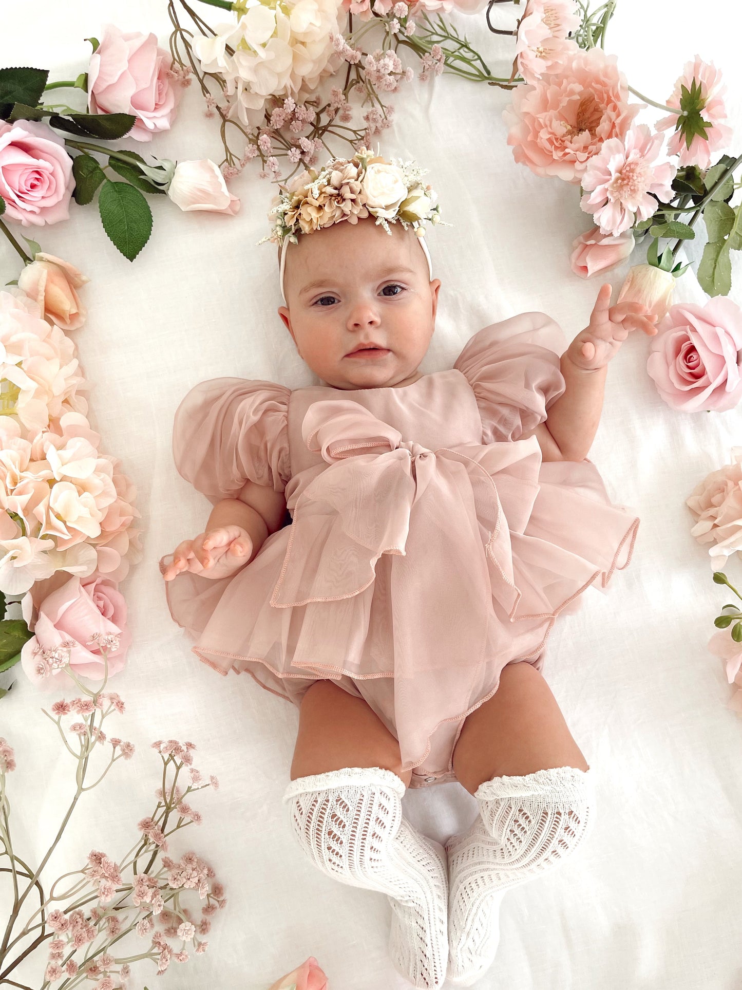 Clementine Matte Blush Rose Pink Organza Baby Girl Romper