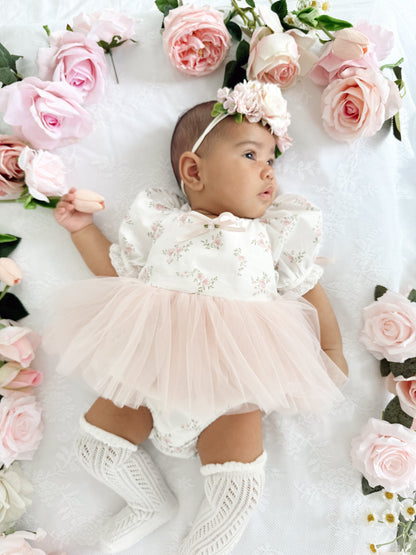 Odessa Flower Perfect Pink Floral Baby Girl Tulle Party Romper