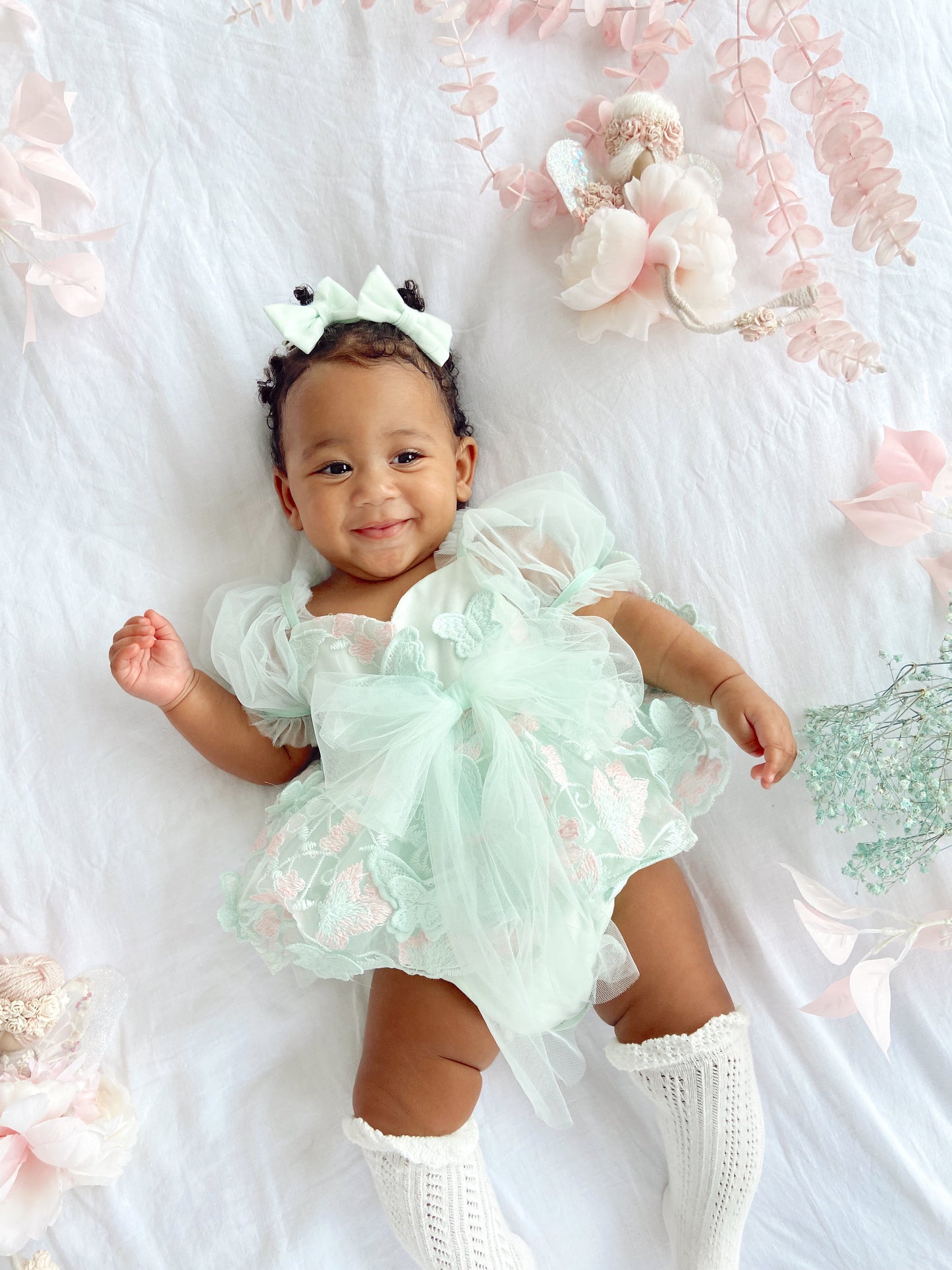 Butterfly Kisses Peppermint Pink Embroidered Baby Girl Tulle Party Romper