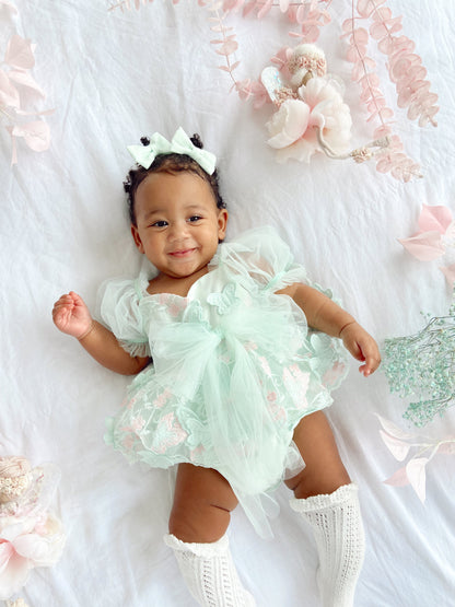 Butterfly Kisses Peppermint Pink Embroidered Baby Girl Tulle Party Romper