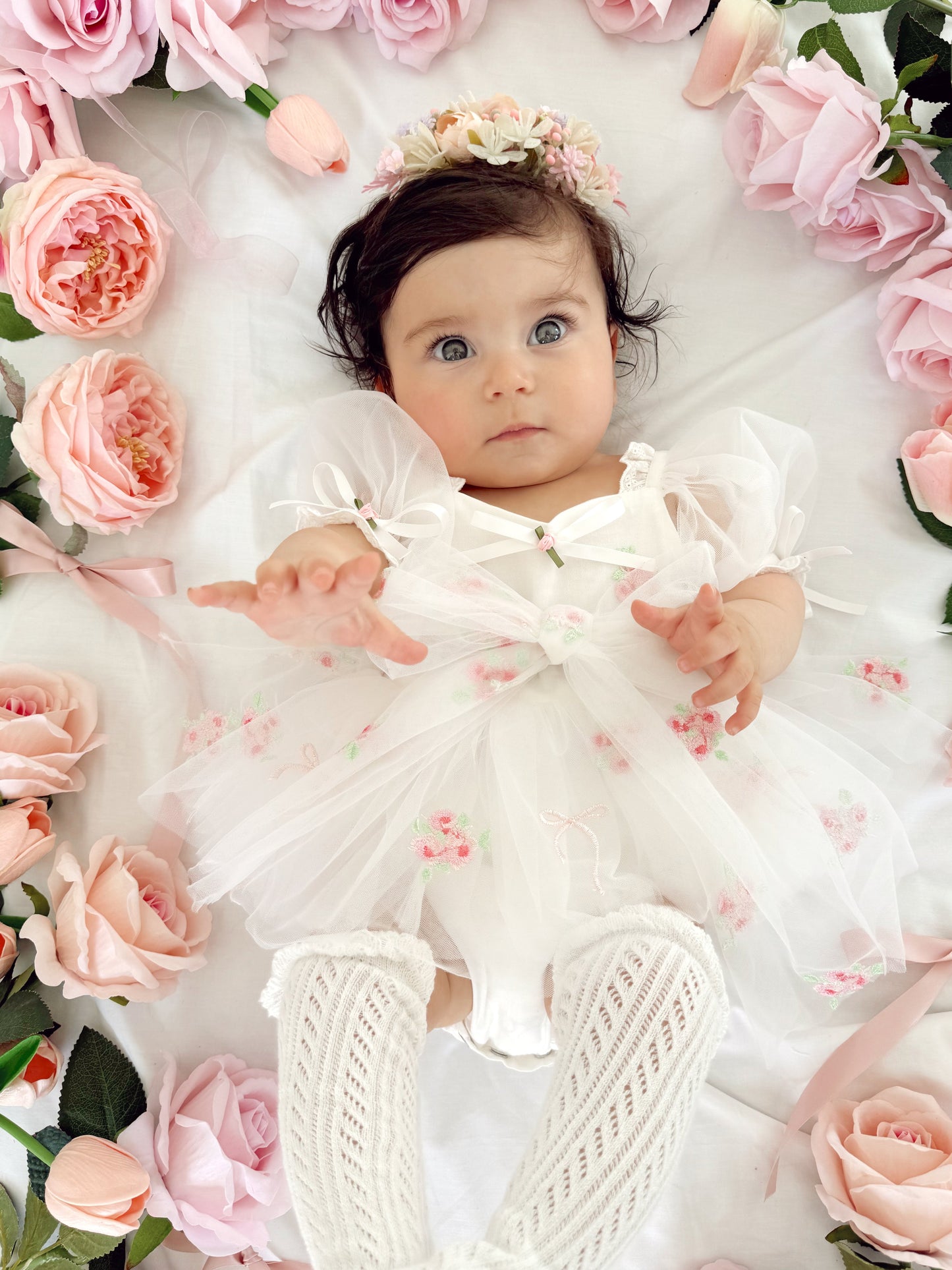 Fleur Butterfly Embroidered Baby Girl White Tulle Party Romper