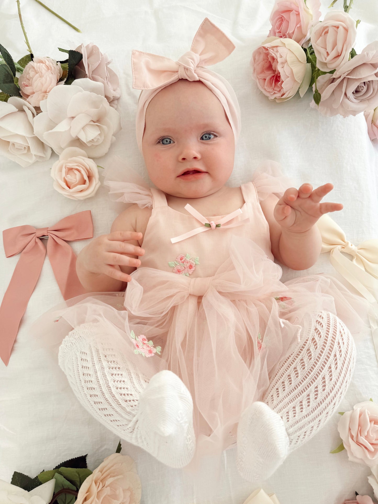 Belle Bow Perfect Pink Embroidered Baby Girl Tulle Party Romper