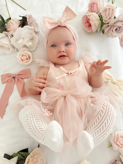 Belle Bow Perfect Pink Embroidered Baby Girl Tulle Party Romper