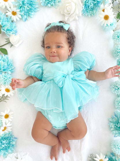 Dolly Turquoise Sky Organza Baby Girl Blue Party Romper