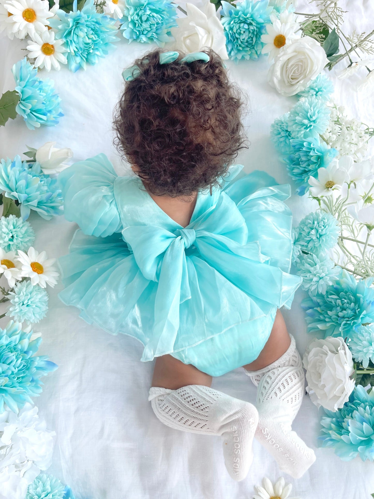 Dolly Turquoise Sky Organza Baby Girl Blue Party Romper