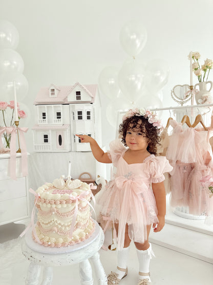 Swan Lake Ballerina Pink Embroidered Baby Girl Tulle Party Romper