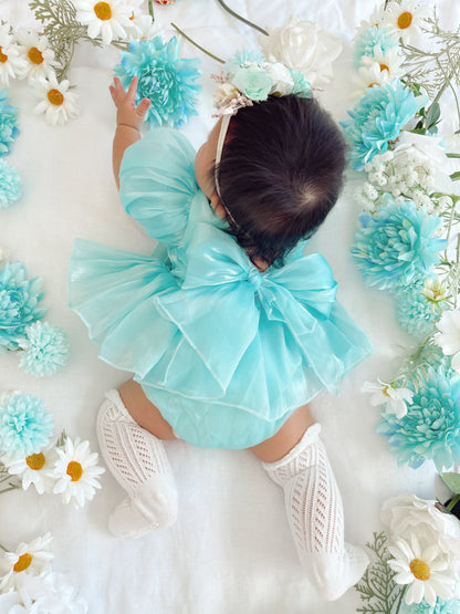 Dolly Turquoise Sky Organza Baby Girl Blue Party Romper