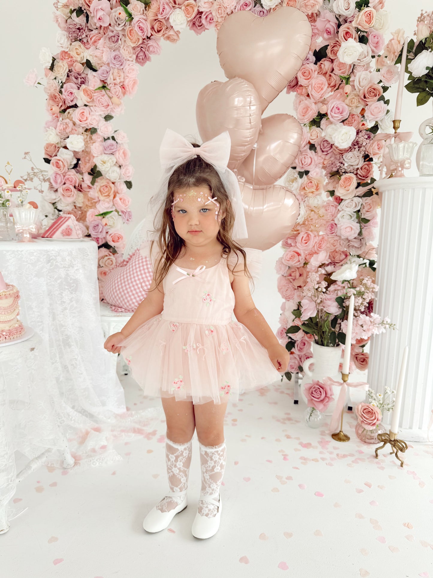 Belle Bow Perfect Pink Embroidered Baby Girl Tulle Party Romper