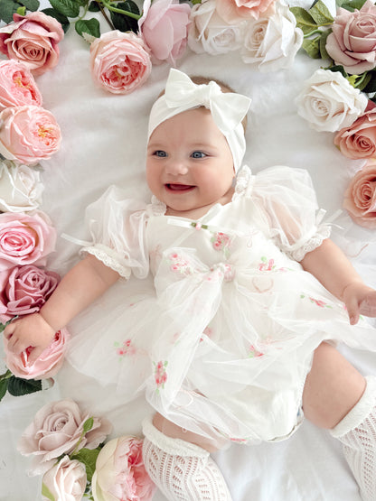 Fleur Butterfly Embroidered Baby Girl White Tulle Party Romper