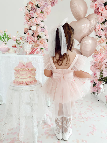 Belle Bow Perfect Pink Embroidered Baby Girl Tulle Party Romper