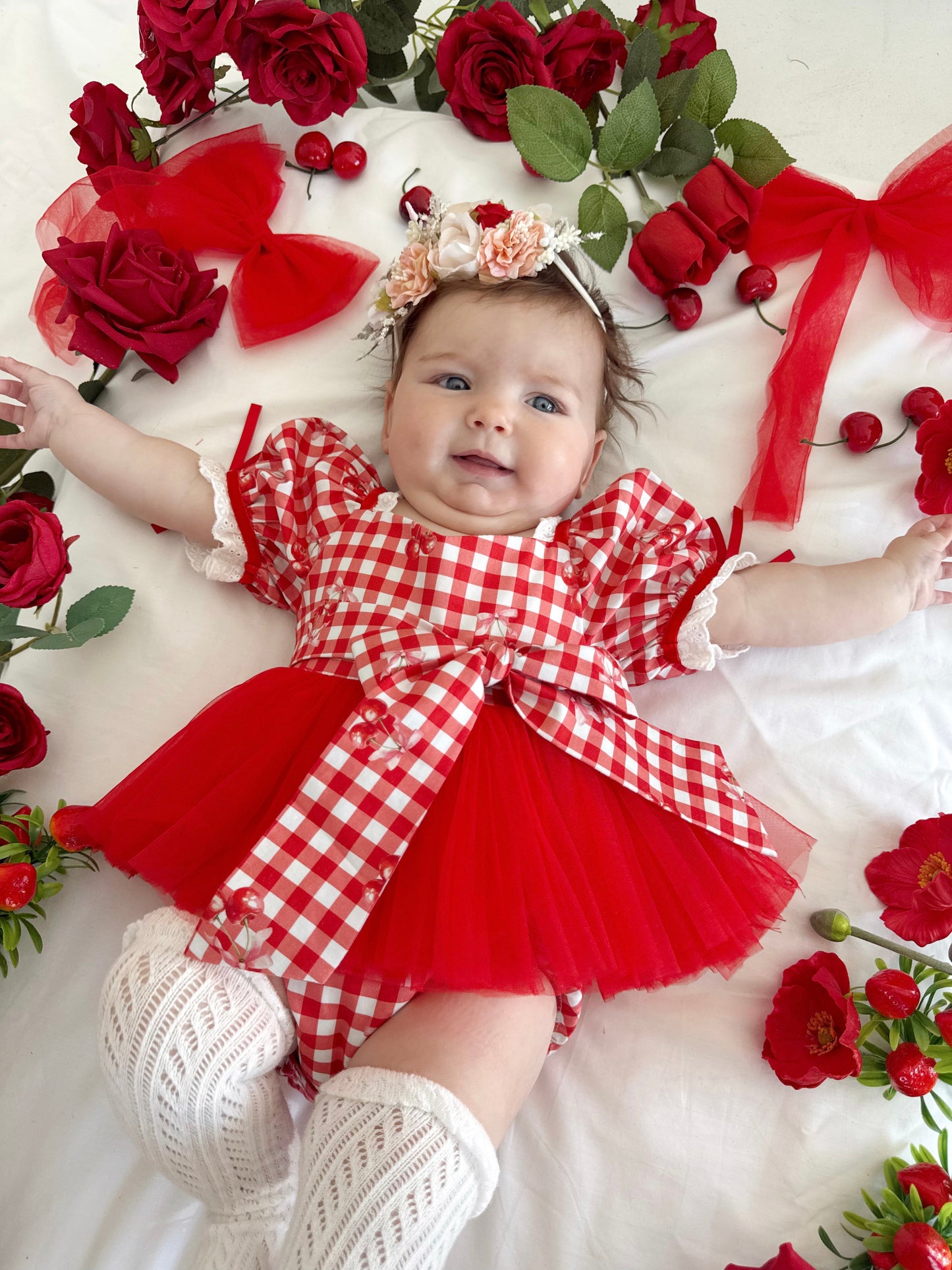 Cherry Lane Red Gingham Baby Girl Tulle Party Romper