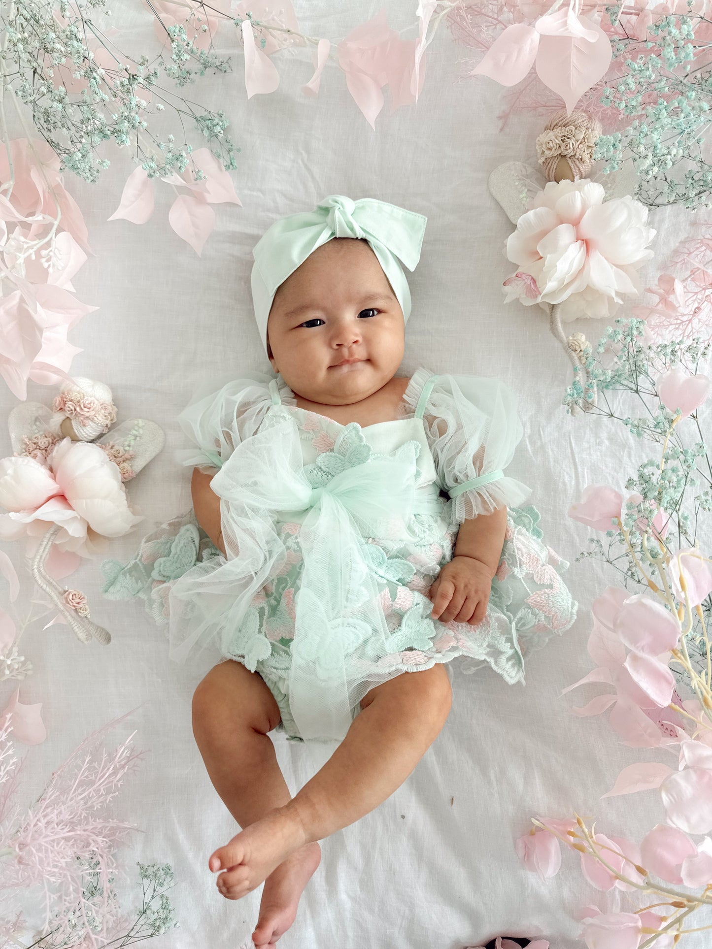 Butterfly Kisses Peppermint Pink Embroidered Baby Girl Tulle Party Romper