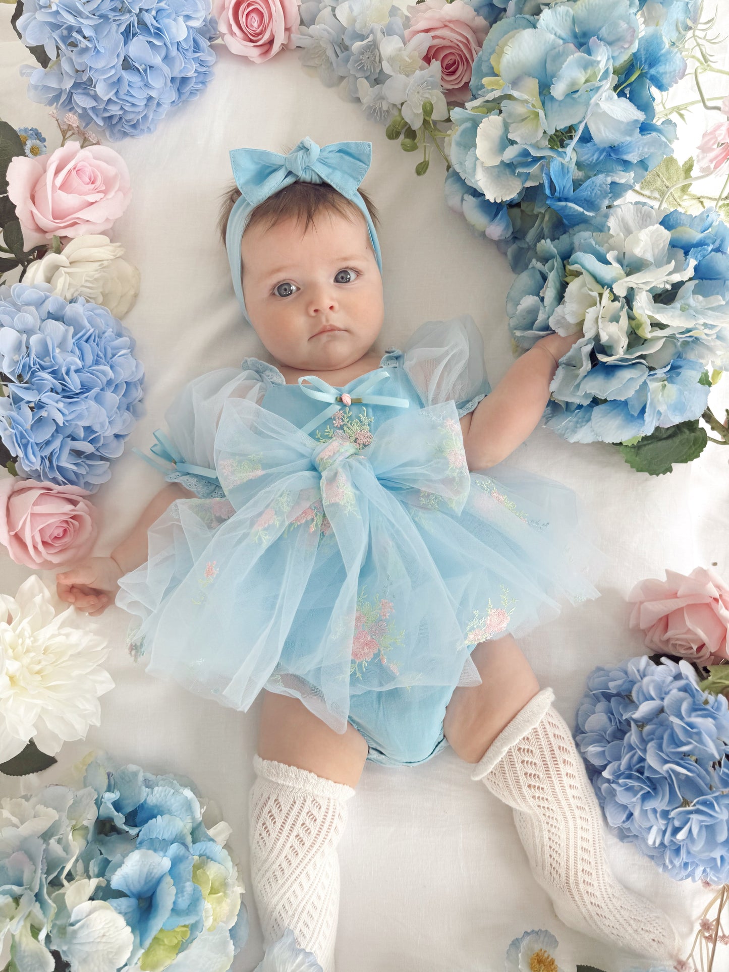 Afina Blue Embroidered Baby Girl Tulle Party Romper