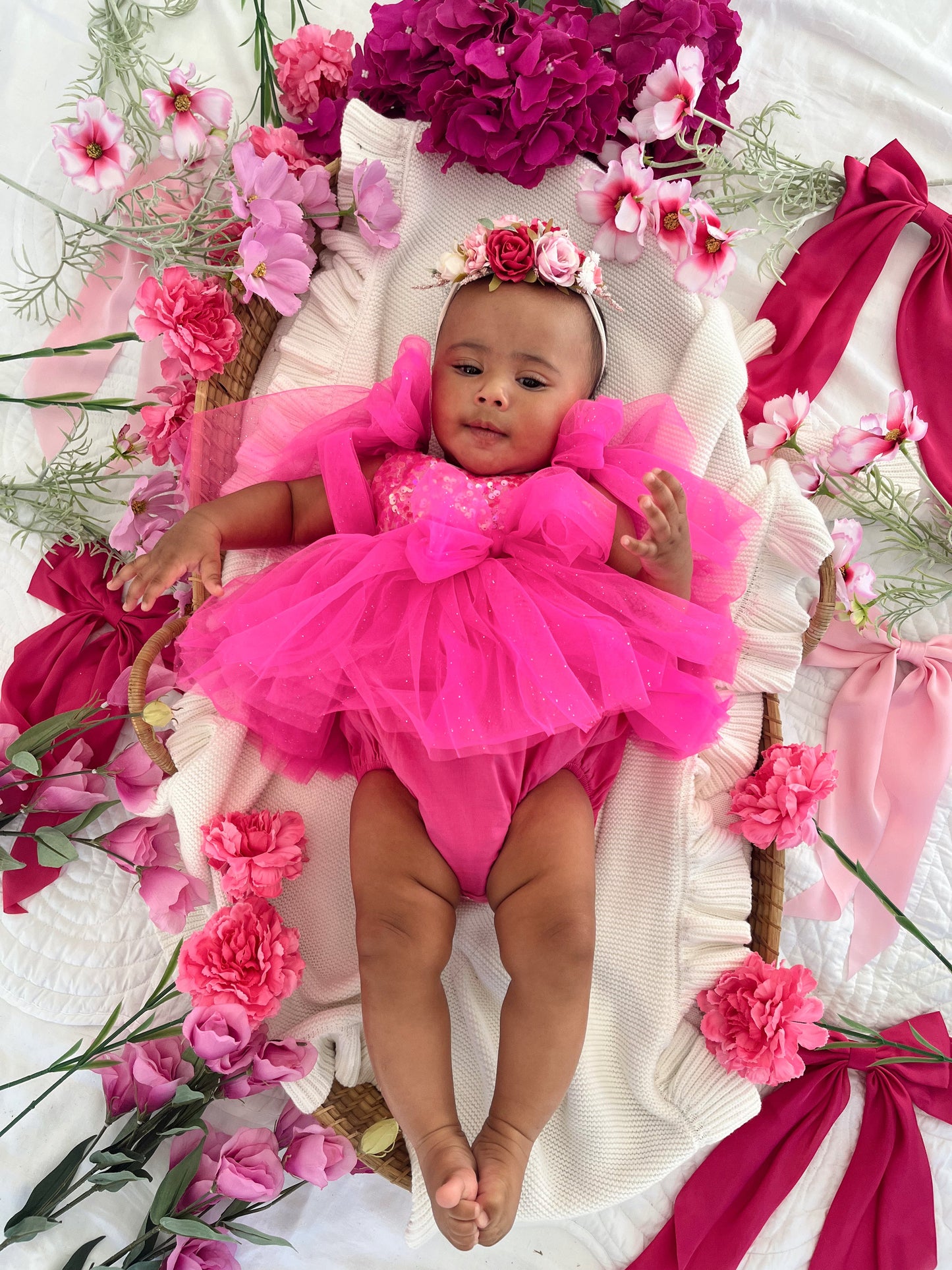 Theodora Fuchsia Pink Sequin Baby Girl Tulle Party Romper